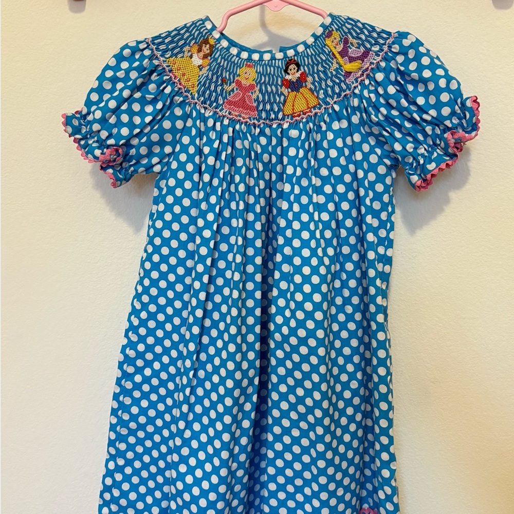 Anavini Hand Smocked Bishop Dress with Princess Embroidery